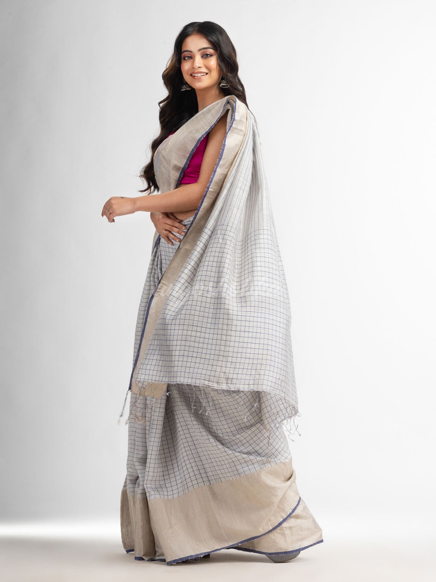 Silk matka check silver zari border handwoven saree