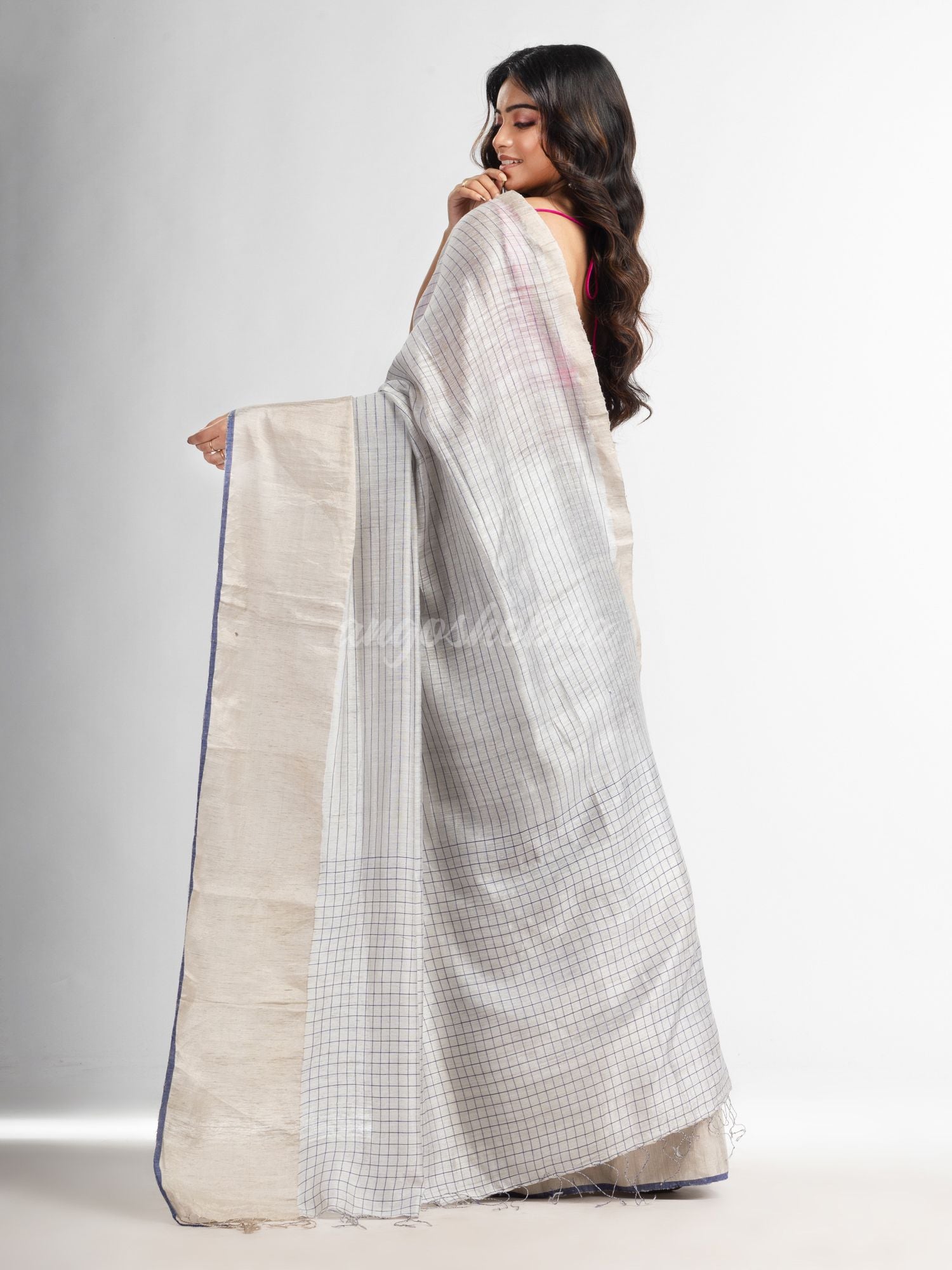 Silk matka check silver zari border handwoven saree