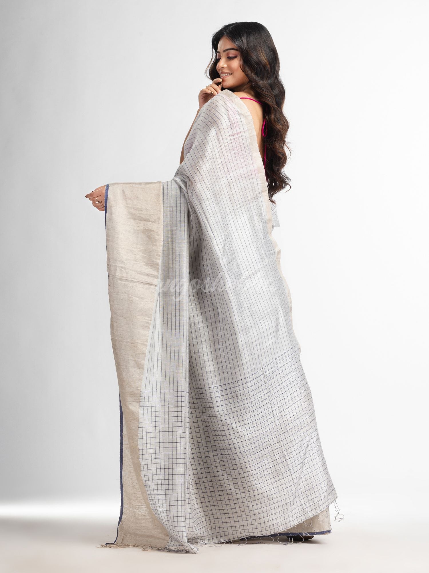 Silk matka check silver zari border handwoven saree