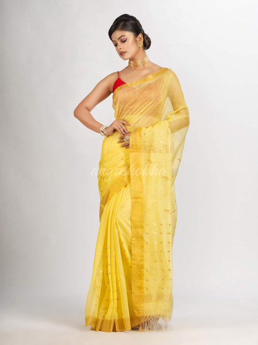 Yellow Silk Cotton Pocket Chumki Jamdani handloom saree