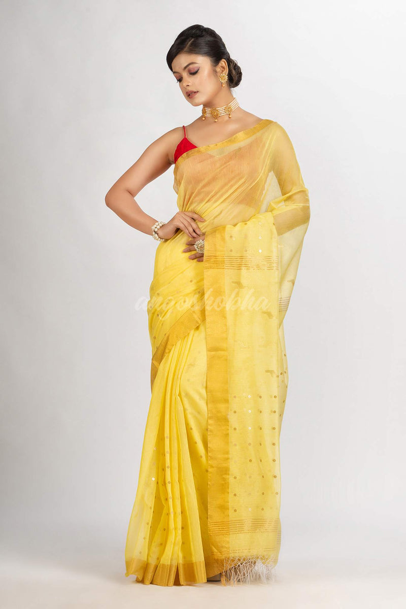 Yellow Silk Cotton Pocket Chumki Jamdani handloom saree