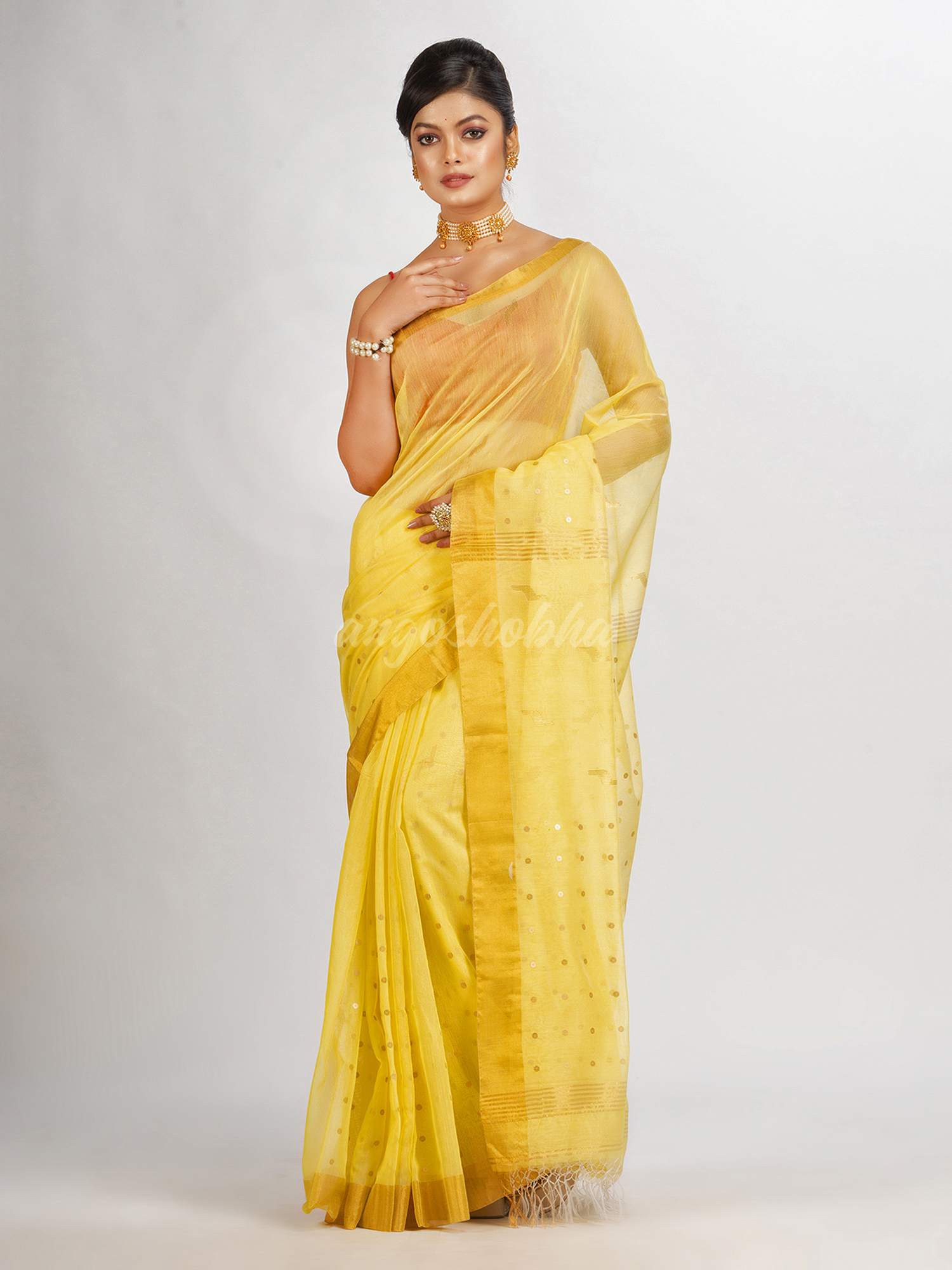 Yellow Silk Cotton Pocket Chumki Jamdani handloom saree