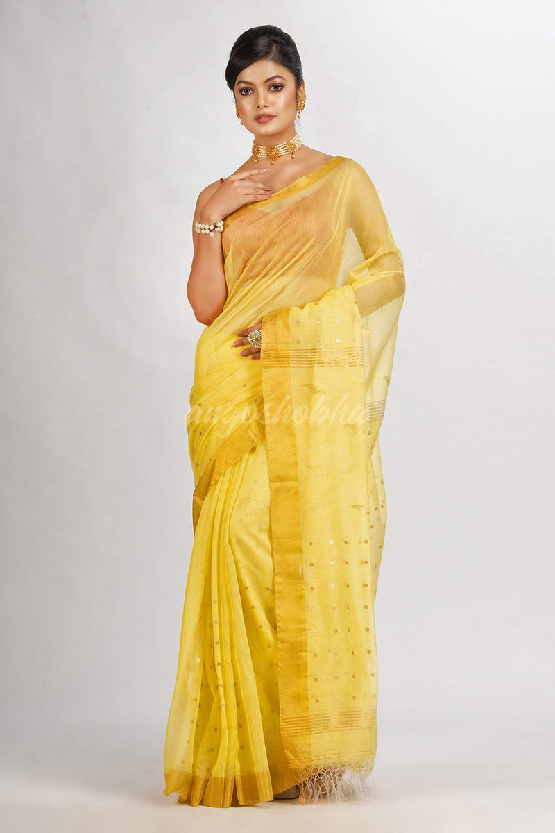 Yellow Silk Cotton Pocket Chumki Jamdani handloom saree