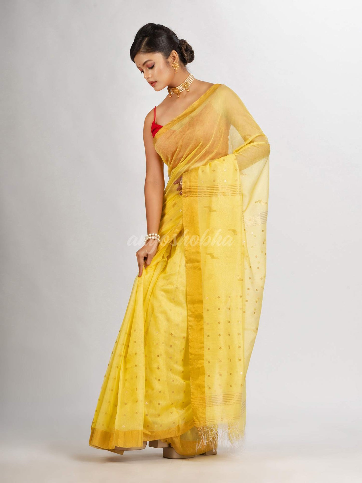 Yellow Silk Cotton Pocket Chumki Jamdani handloom saree
