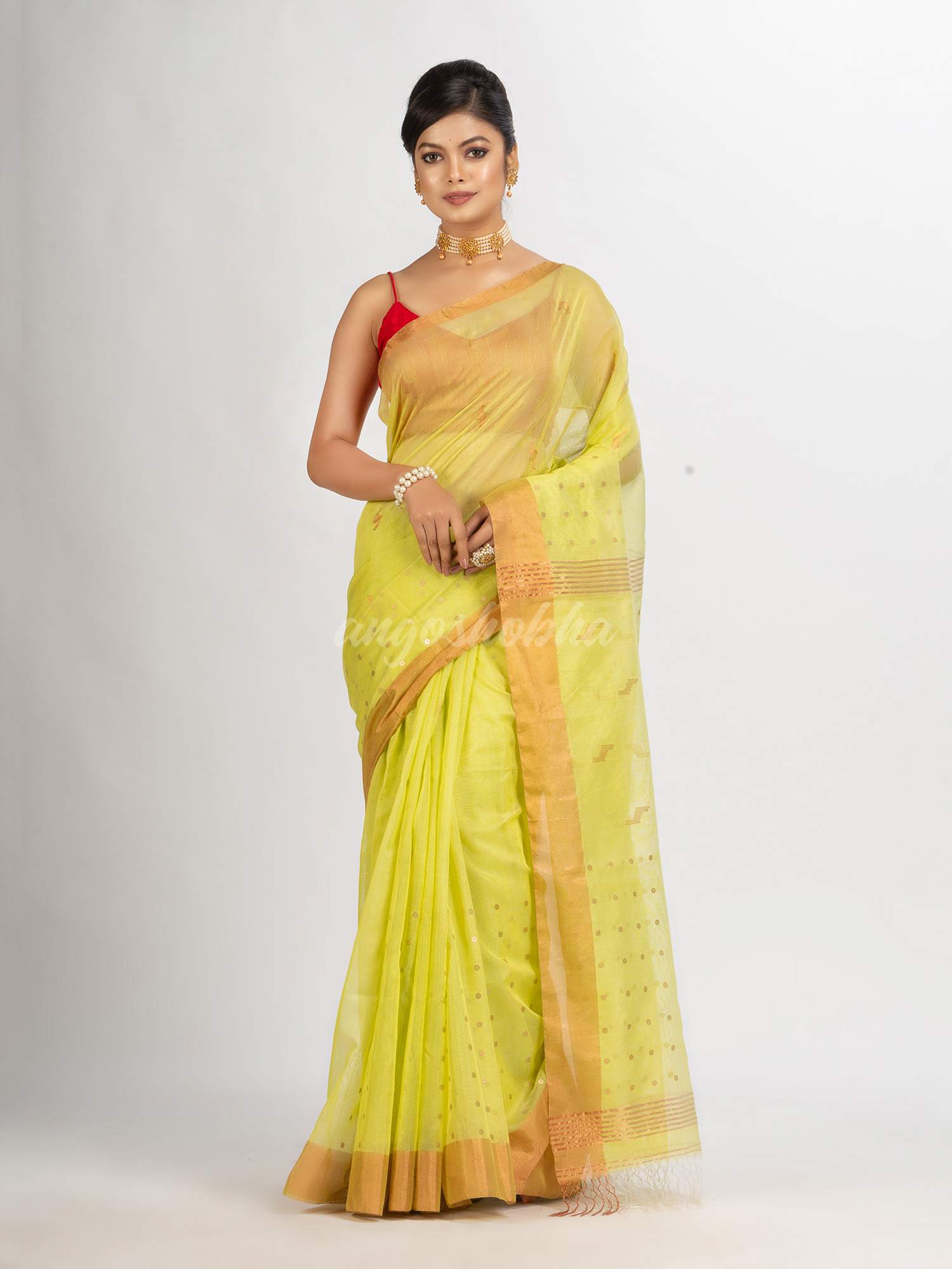 Lemon Yellow Silk Cotton Pocket Chumki Jamdani handloom saree