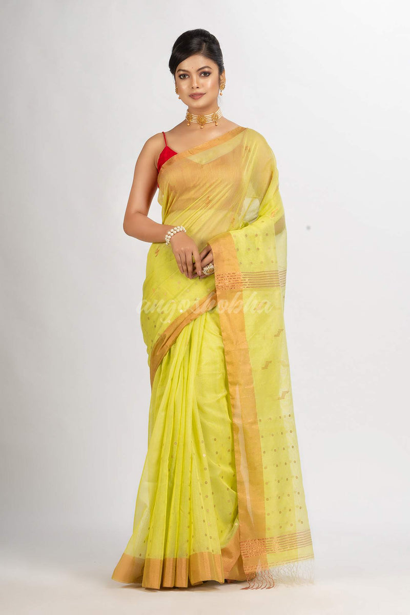 Lemon Yellow Silk Cotton Pocket Chumki Jamdani handloom saree