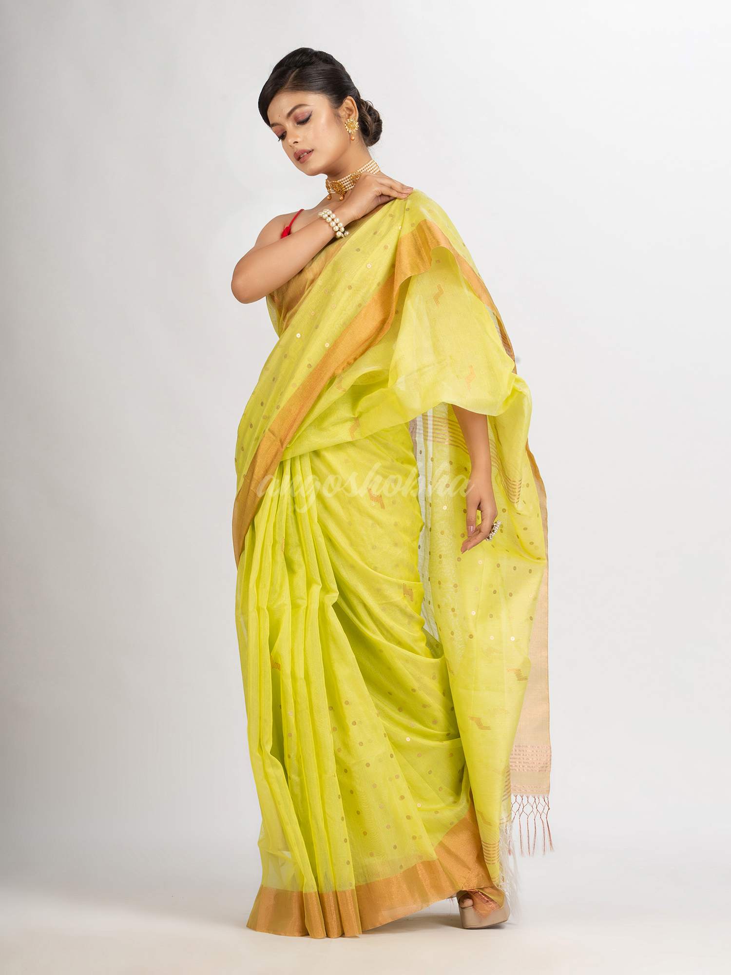 Lemon Yellow Silk Cotton Pocket Chumki Jamdani handloom saree