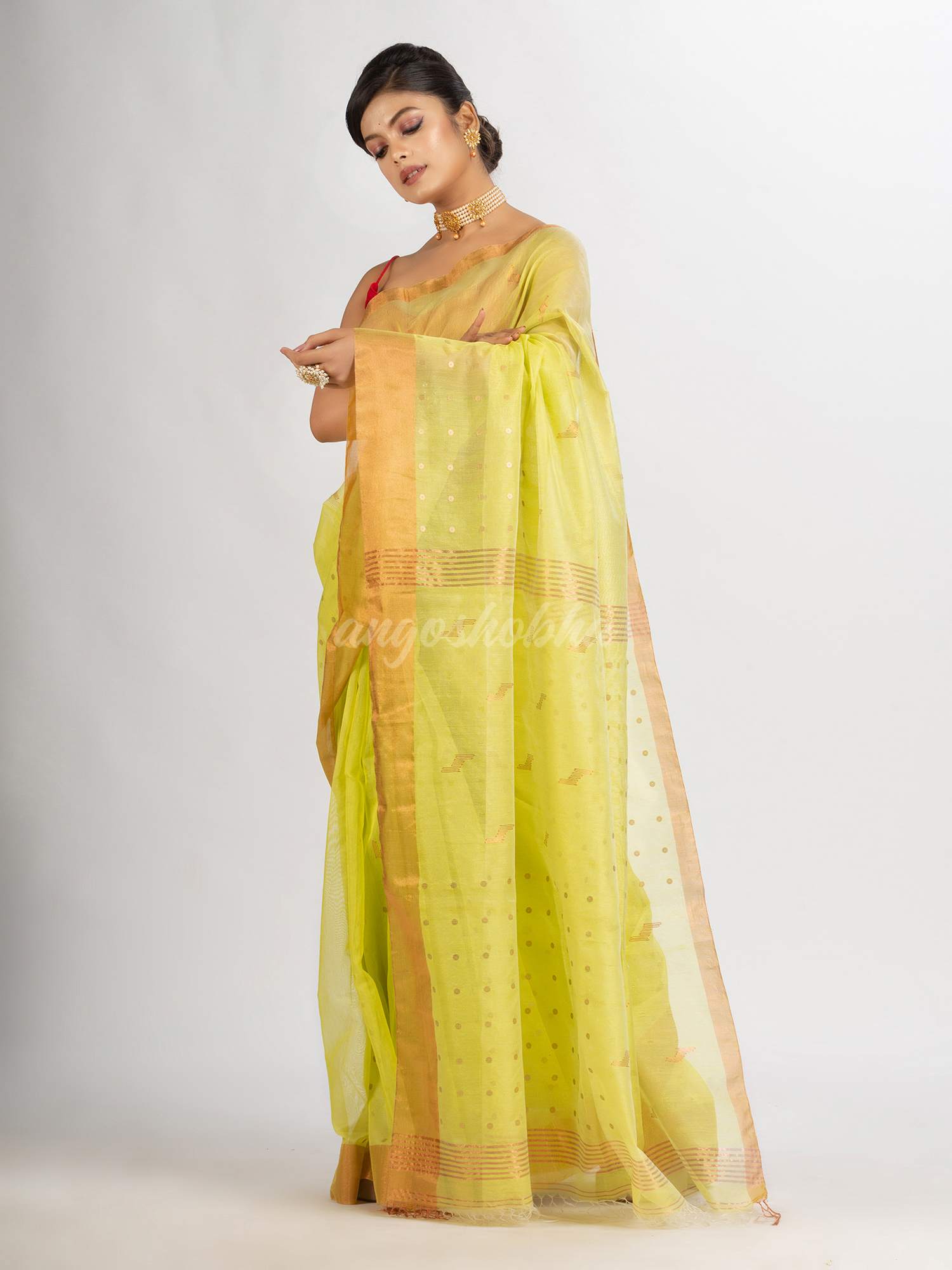 Lemon Yellow Silk Cotton Pocket Chumki Jamdani handloom saree