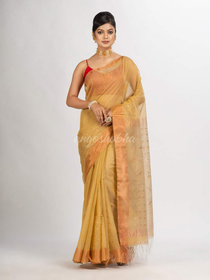 Natural Tussar Colour Silk Cotton Pocket Chumki Jamdani handloom saree