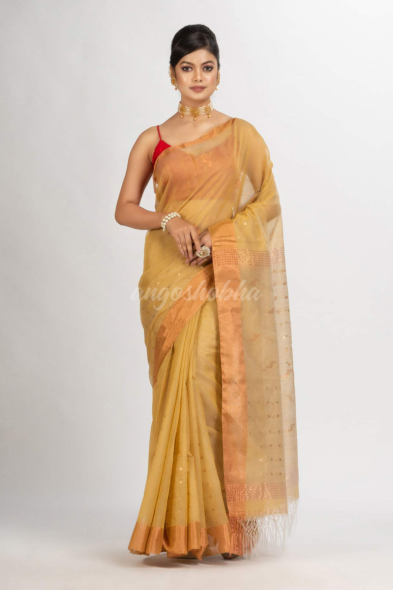Natural Tussar Colour Silk Cotton Pocket Chumki Jamdani handloom saree
