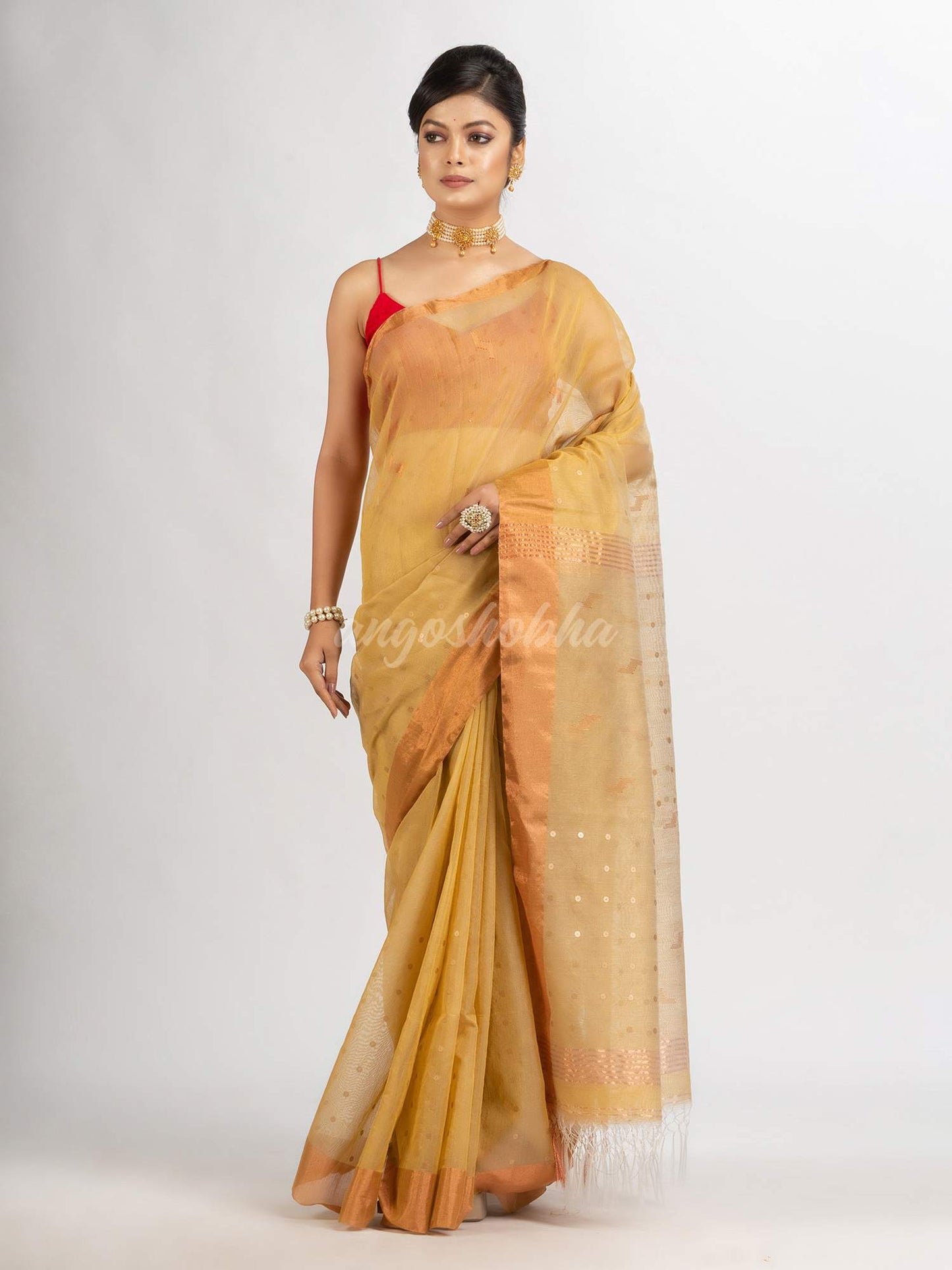 Natural Tussar Colour Silk Cotton Pocket Chumki Jamdani handloom saree