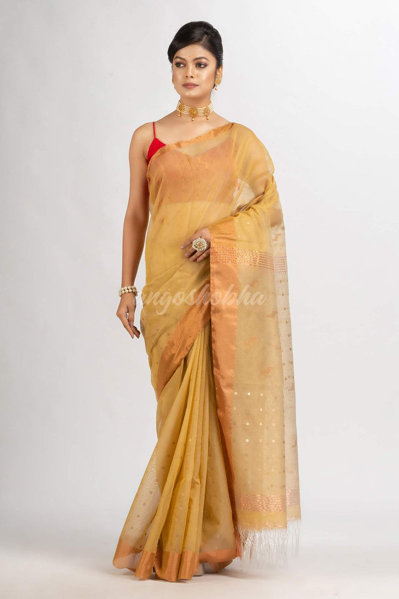Natural Tussar Colour Silk Cotton Pocket Chumki Jamdani handloom saree