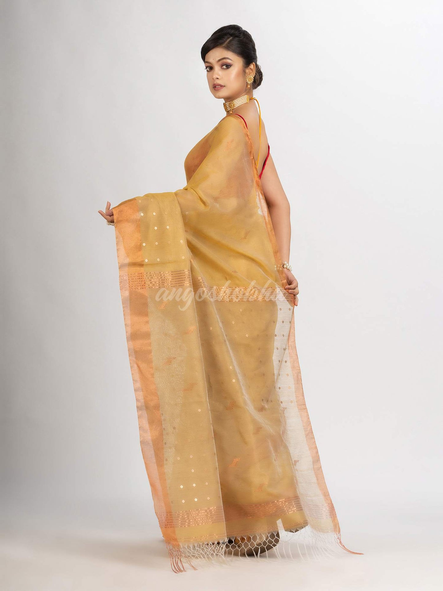 Natural Tussar Colour Silk Cotton Pocket Chumki Jamdani handloom saree