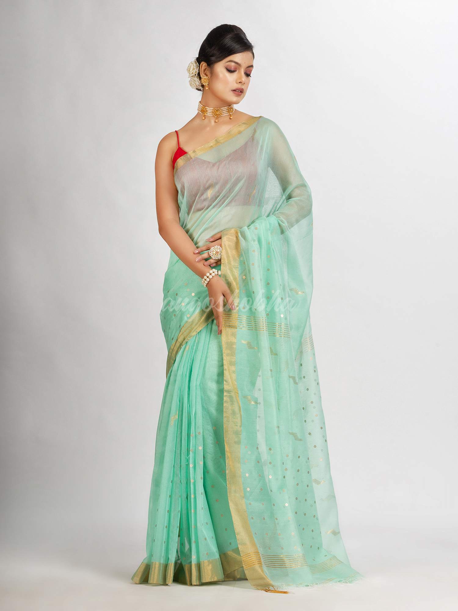 Pastel Green Silk Cotton Pocket Chumki Jamdani handloom saree