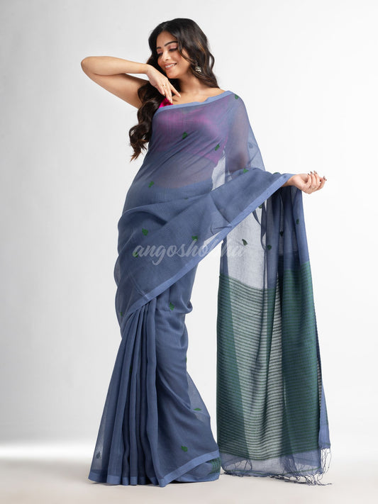 Blue slate grey resham cotton kota check all over Buti jacquqrd Pallu handwoven saree