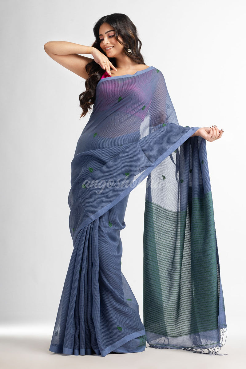 Blue slate grey resham cotton kota check all over Buti jacquqrd Pallu handwoven saree