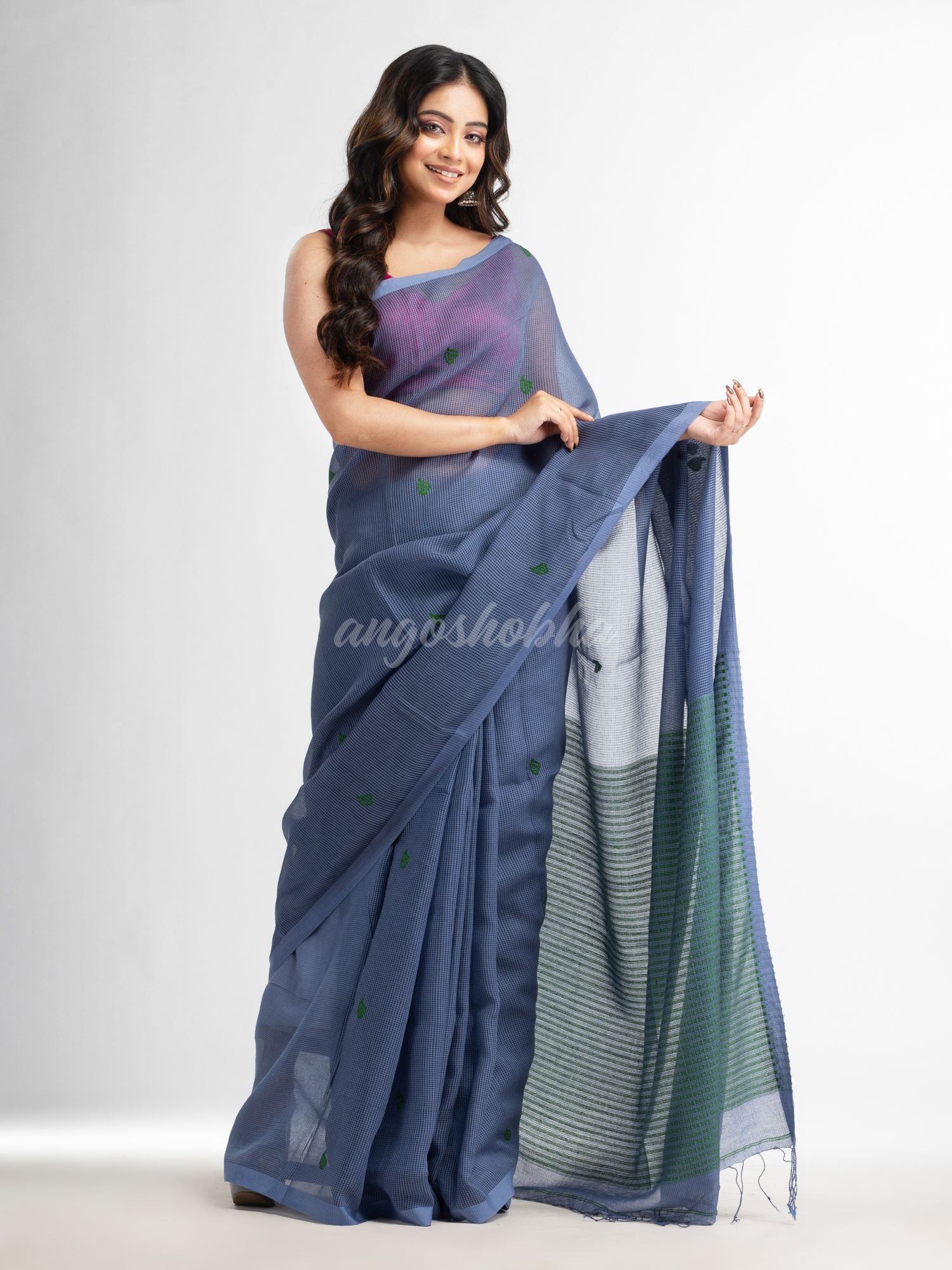 Blue slate grey resham cotton kota check all over Buti jacquqrd Pallu handwoven saree