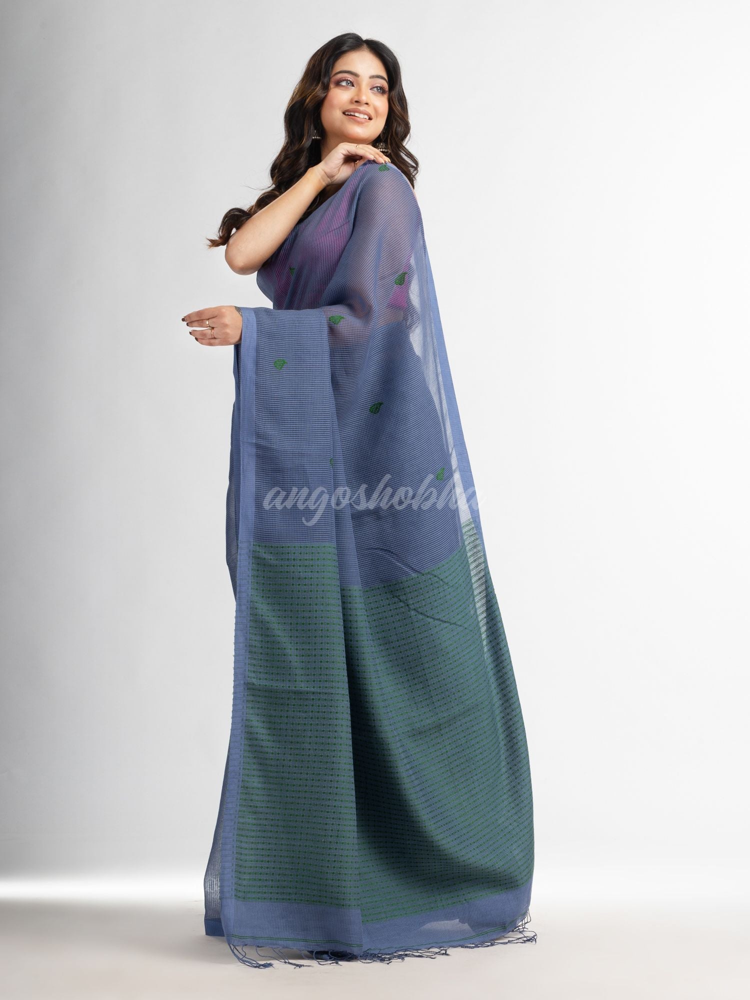 Blue slate grey resham cotton kota check all over Buti jacquqrd Pallu handwoven saree