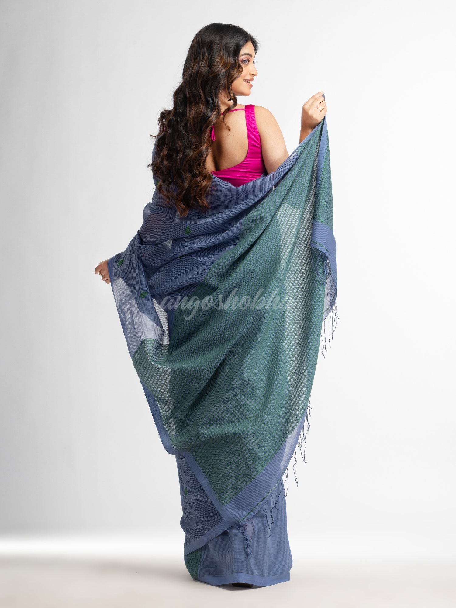 Blue slate grey resham cotton kota check all over Buti jacquqrd Pallu handwoven saree