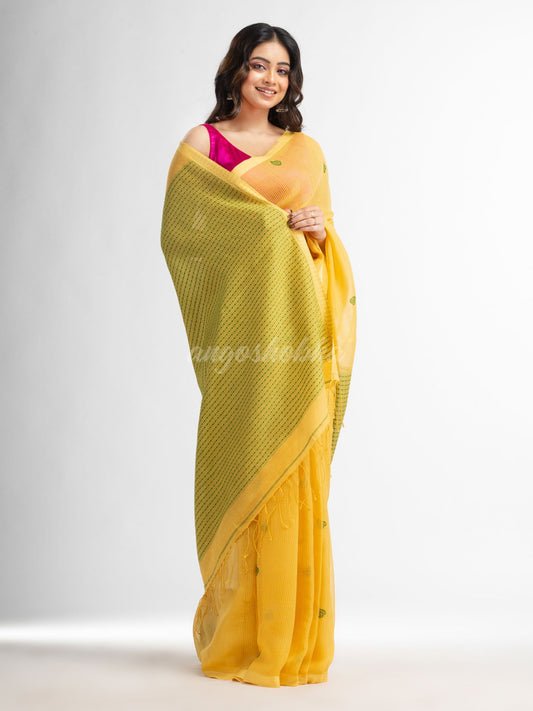 Yellow resham cotton kota check all over Buti jacquqrd Pallu handwoven saree