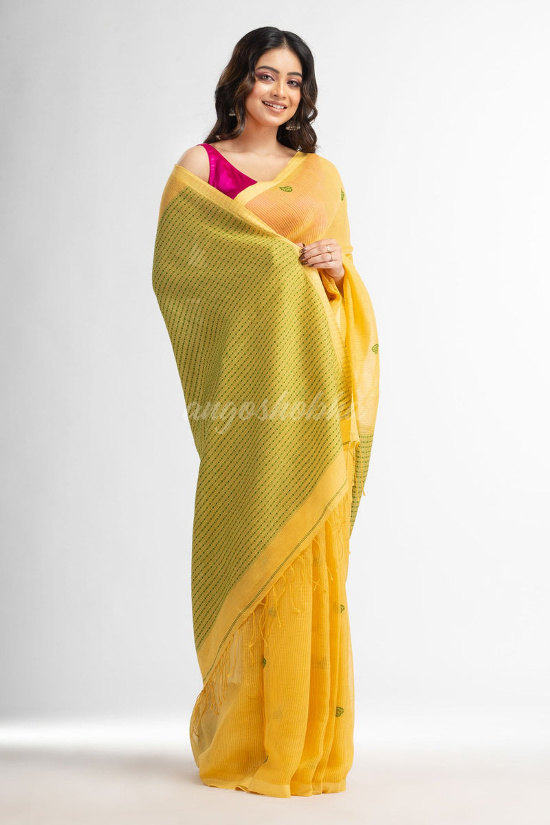 Yellow resham cotton kota check all over Buti jacquqrd Pallu handwoven saree