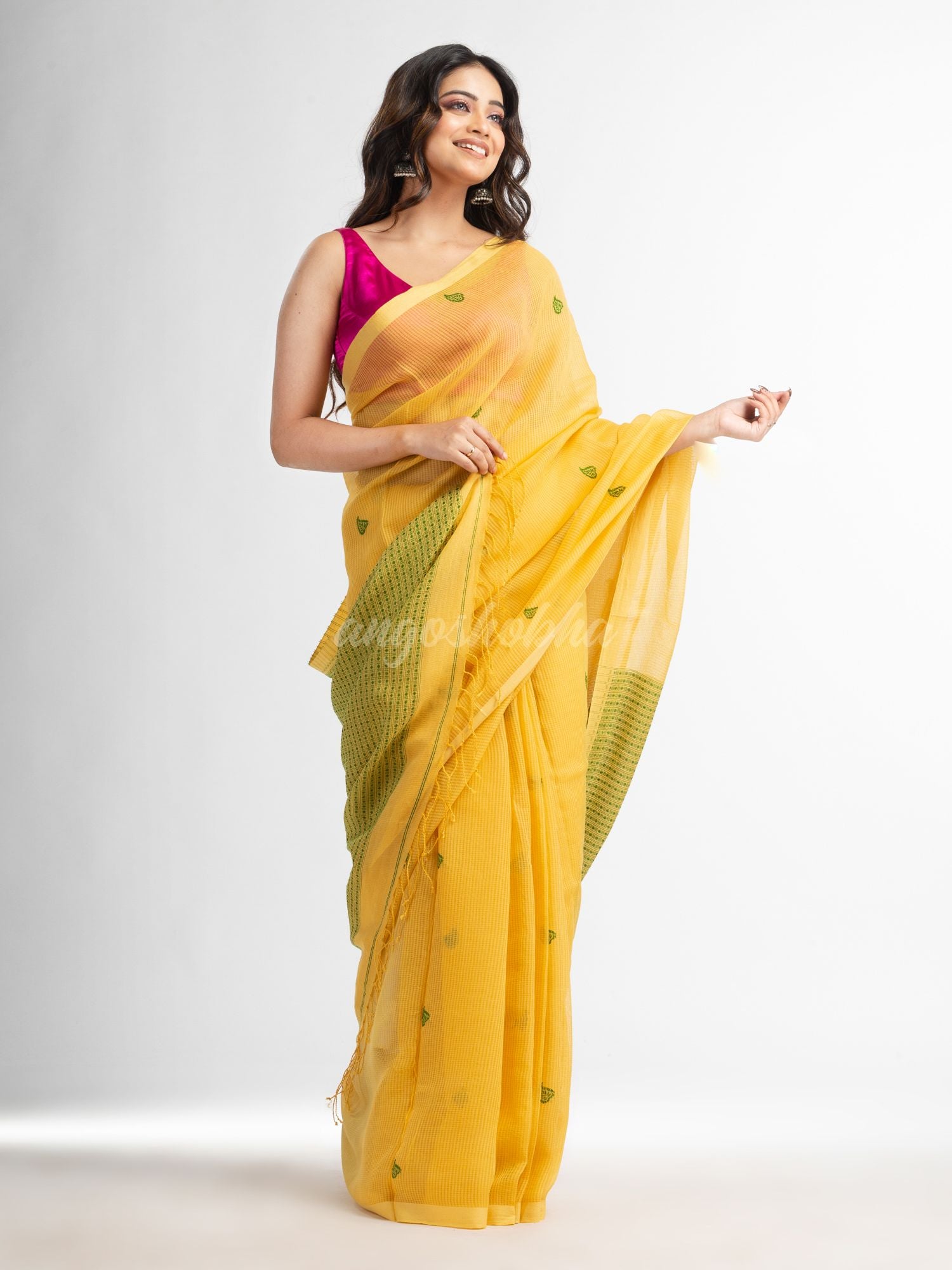 Yellow resham cotton kota check all over Buti jacquqrd Pallu handwoven saree
