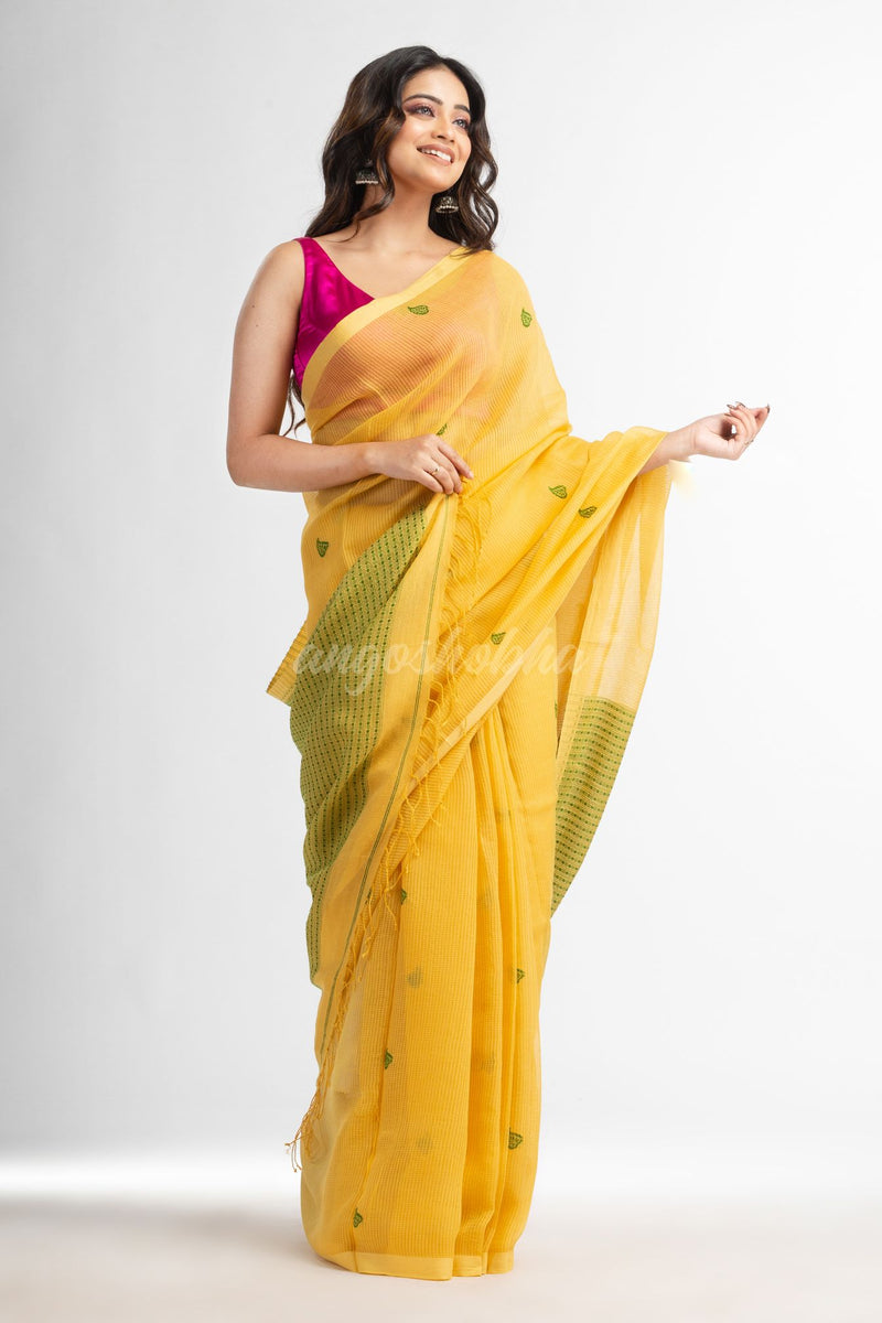Yellow resham cotton kota check all over Buti jacquqrd Pallu handwoven saree