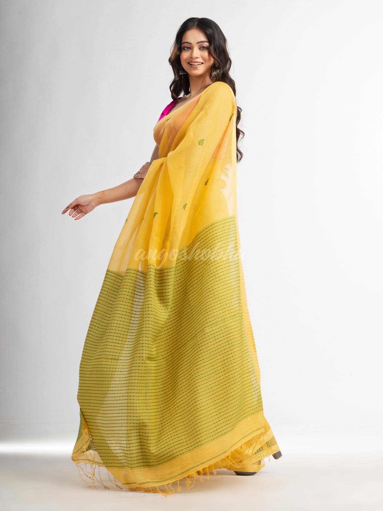 Yellow resham cotton kota check all over Buti jacquqrd Pallu handwoven saree