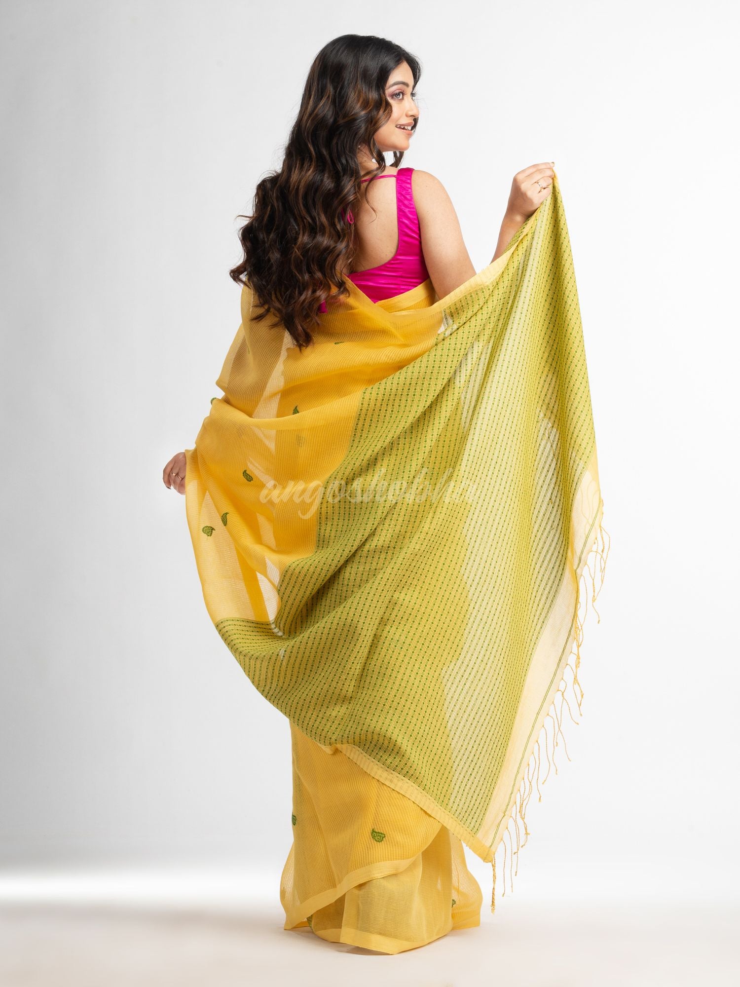 Yellow resham cotton kota check all over Buti jacquqrd Pallu handwoven saree