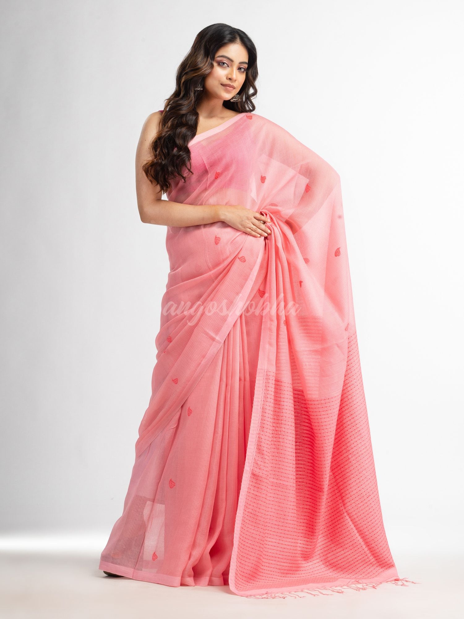 Quartz Pink resham cotton kota check all over Buti jacquqrd Pallu handwoven saree