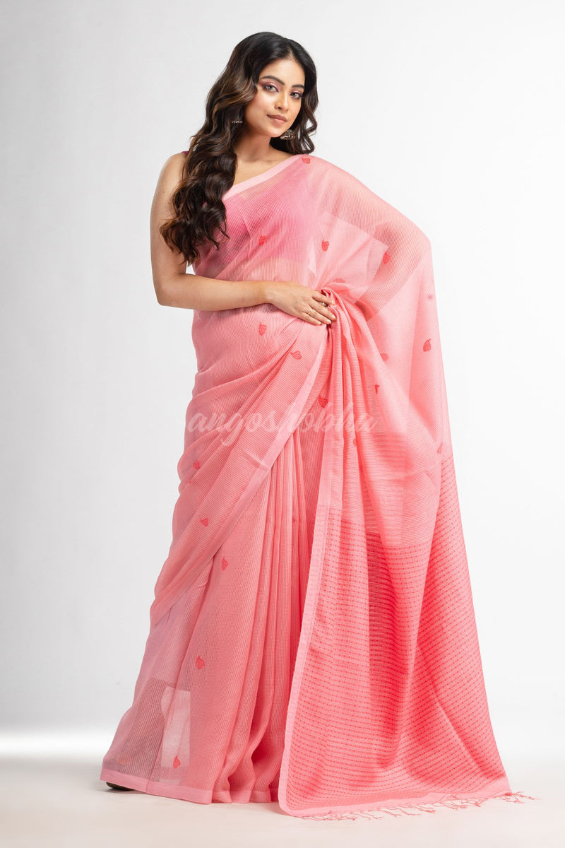 Quartz Pink resham cotton kota check all over Buti jacquqrd Pallu handwoven saree