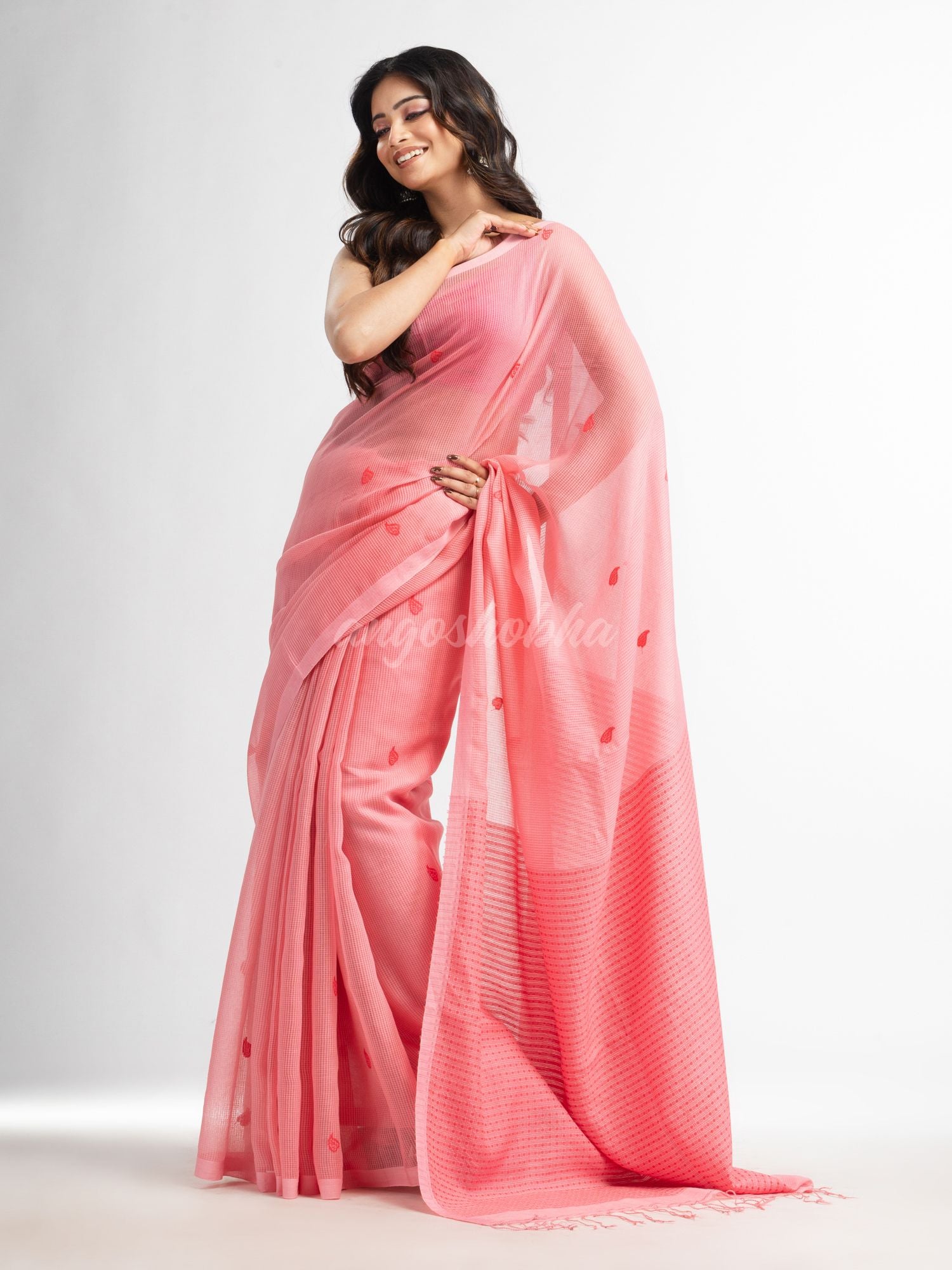 Quartz Pink resham cotton kota check all over Buti jacquqrd Pallu handwoven saree