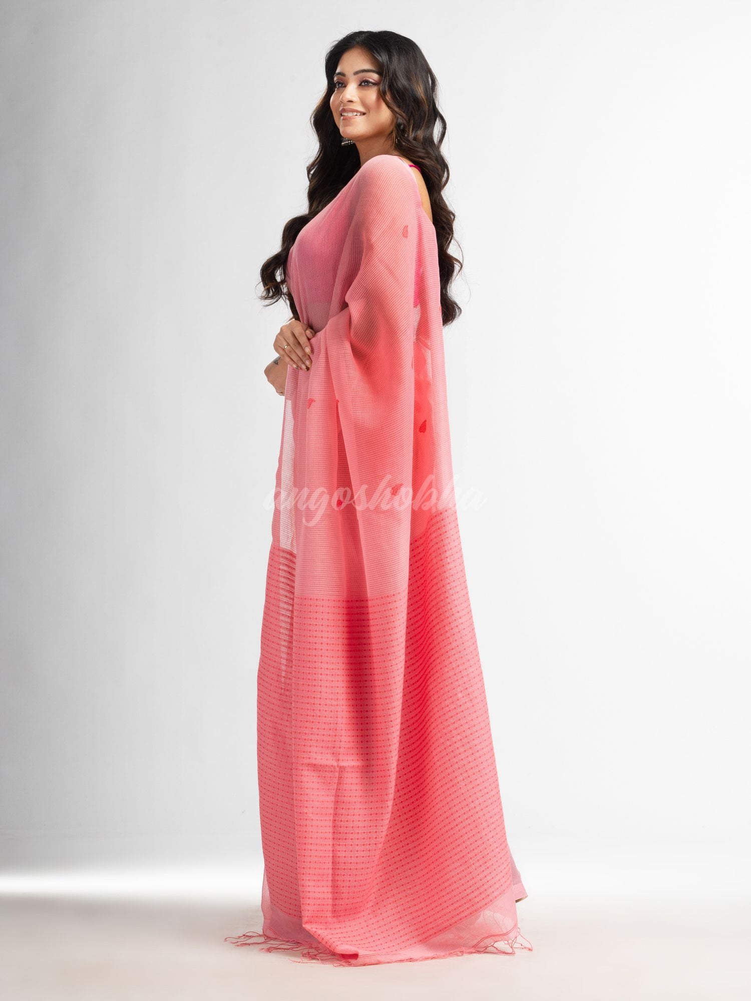 Quartz Pink resham cotton kota check all over Buti jacquqrd Pallu handwoven saree