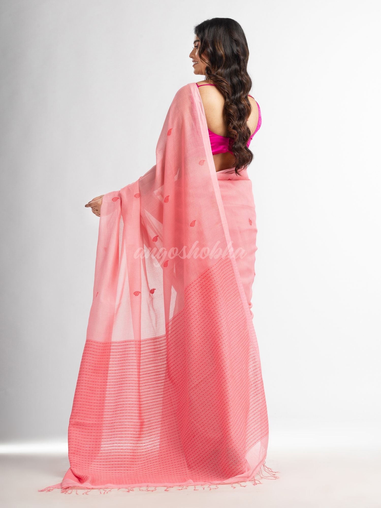 Quartz Pink resham cotton kota check all over Buti jacquqrd Pallu handwoven saree
