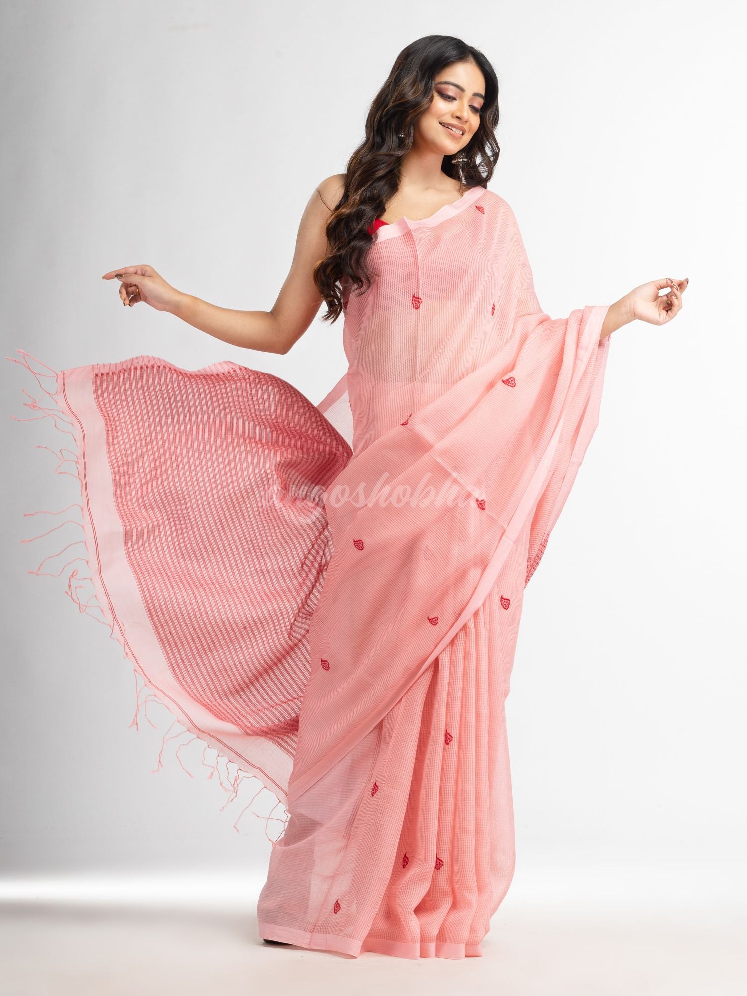 Pink salt resham cotton kota check all over Buti jacquqrd Pallu handwoven saree