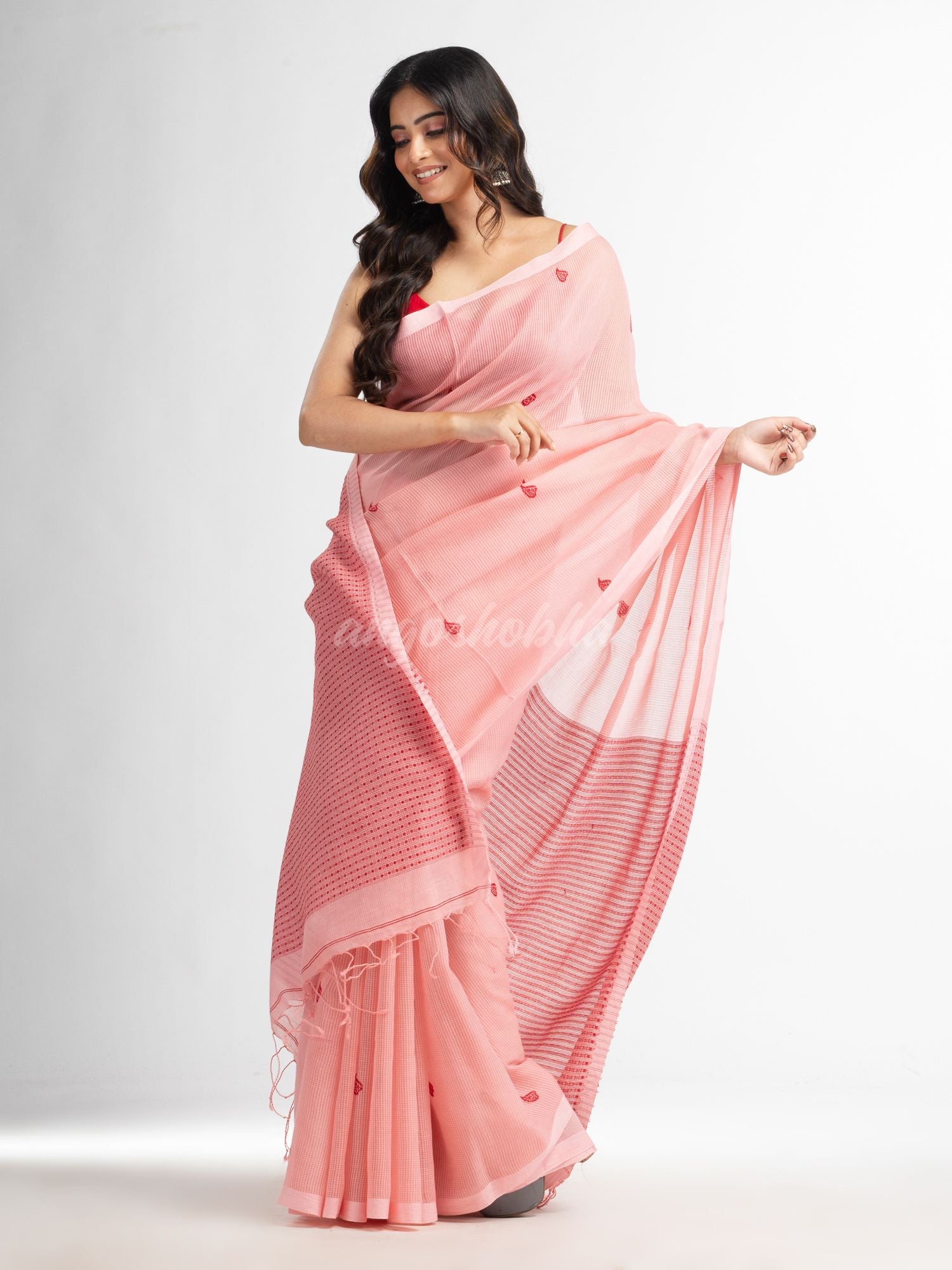Pink salt resham cotton kota check all over Buti jacquqrd Pallu handwoven saree