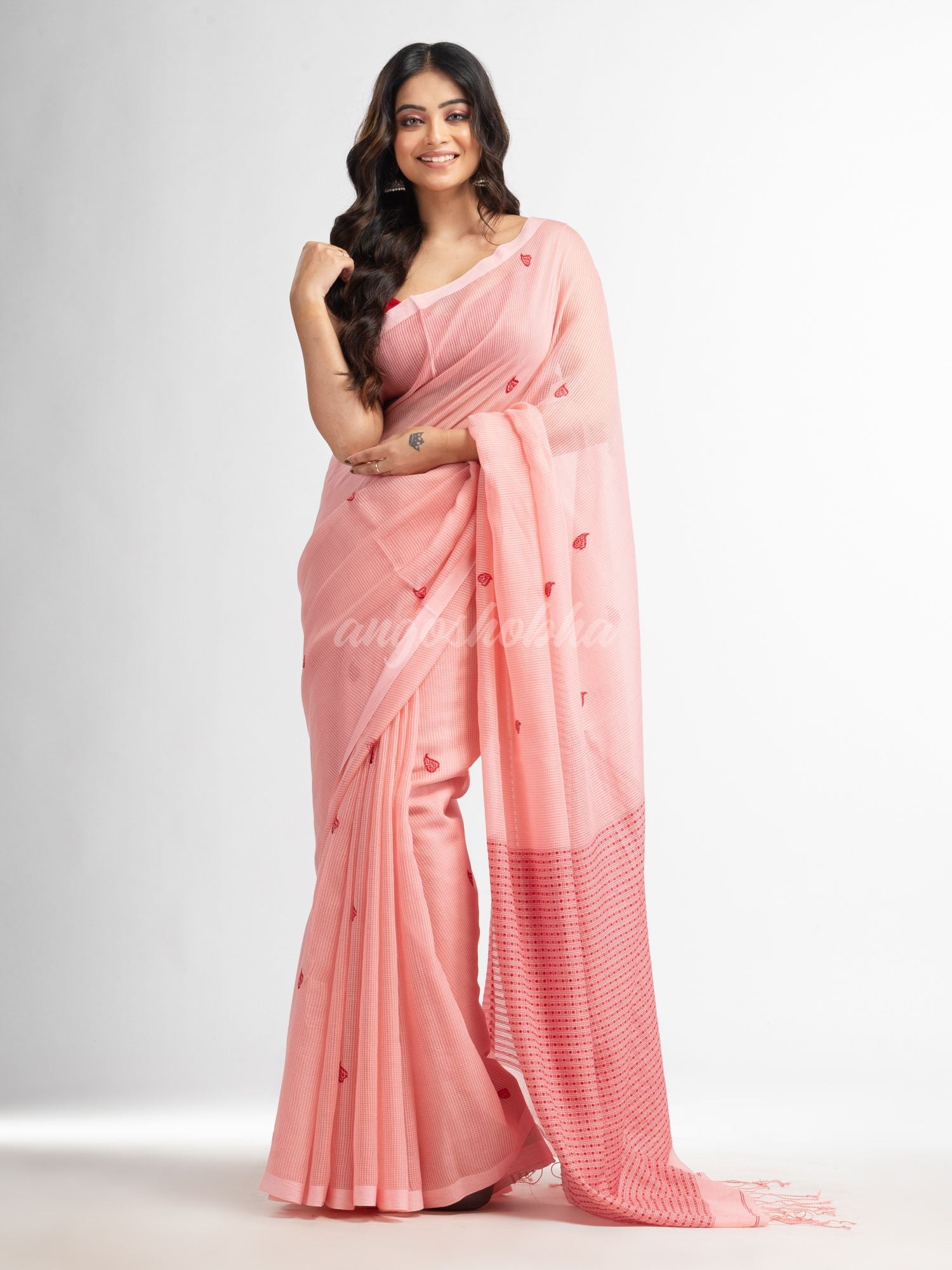 Pink salt resham cotton kota check all over Buti jacquqrd Pallu handwoven saree