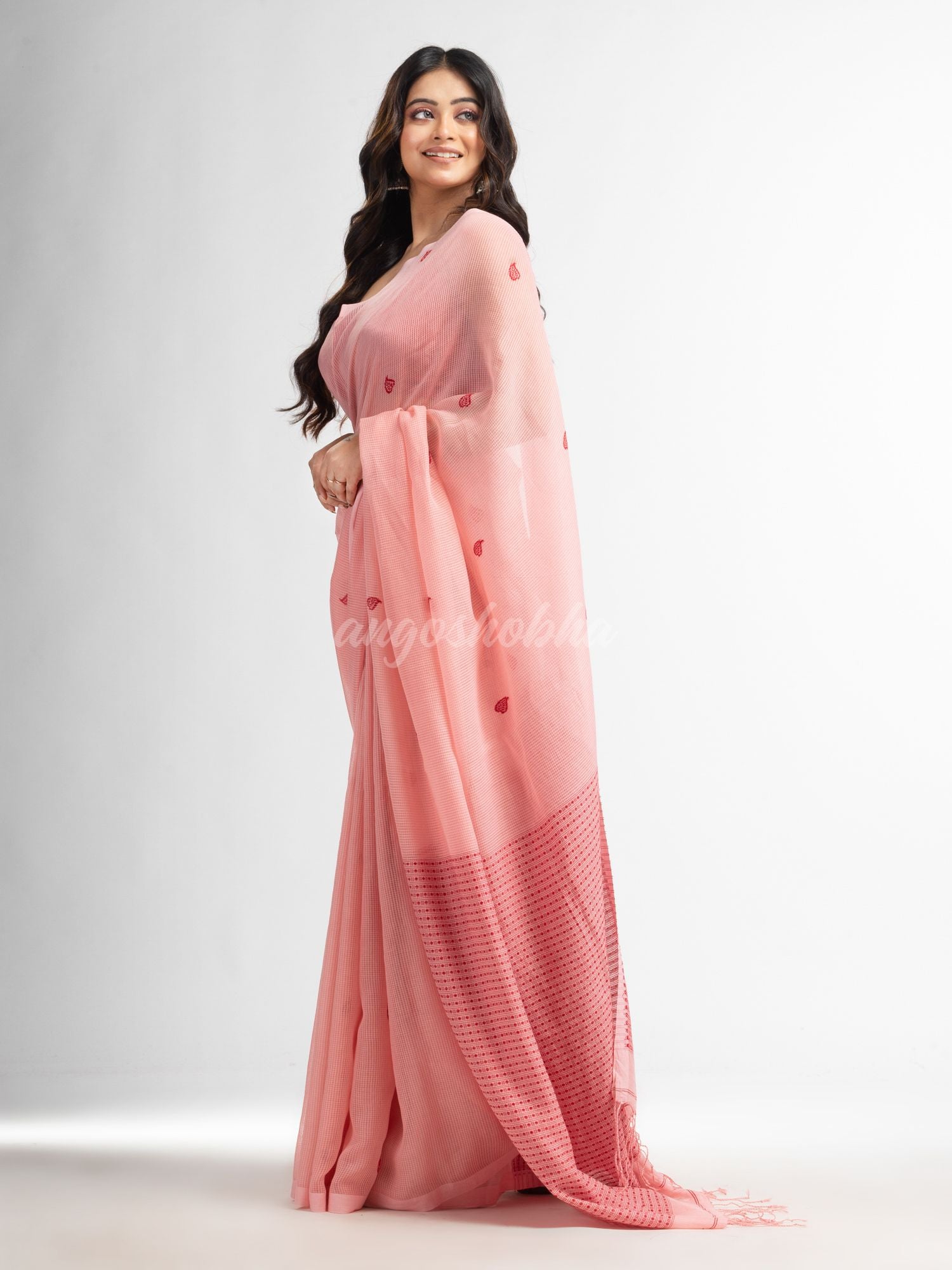 Pink salt resham cotton kota check all over Buti jacquqrd Pallu handwoven saree