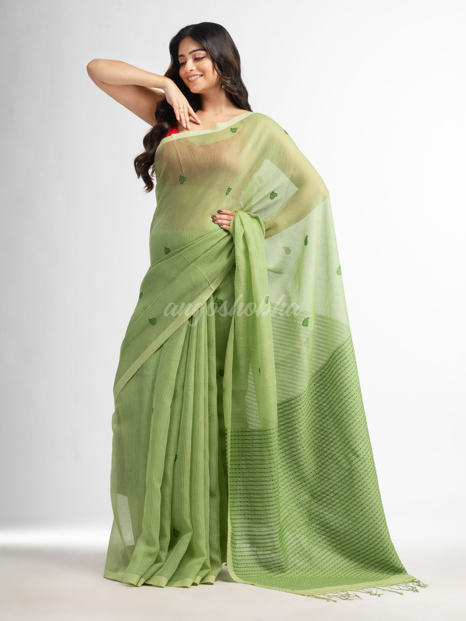 Light Green resham cotton kota check all over Buti jacquqrd Pallu handwoven saree