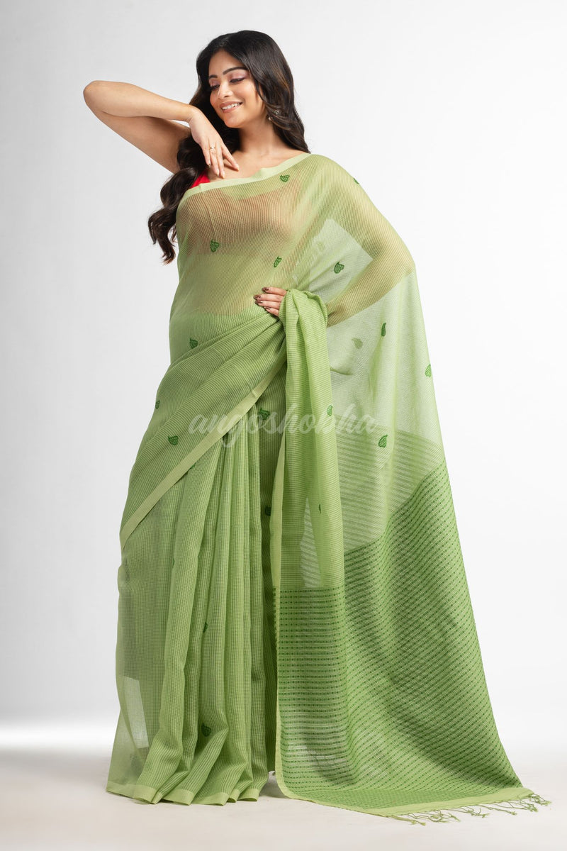 Light Green resham cotton kota check all over Buti jacquqrd Pallu handwoven saree
