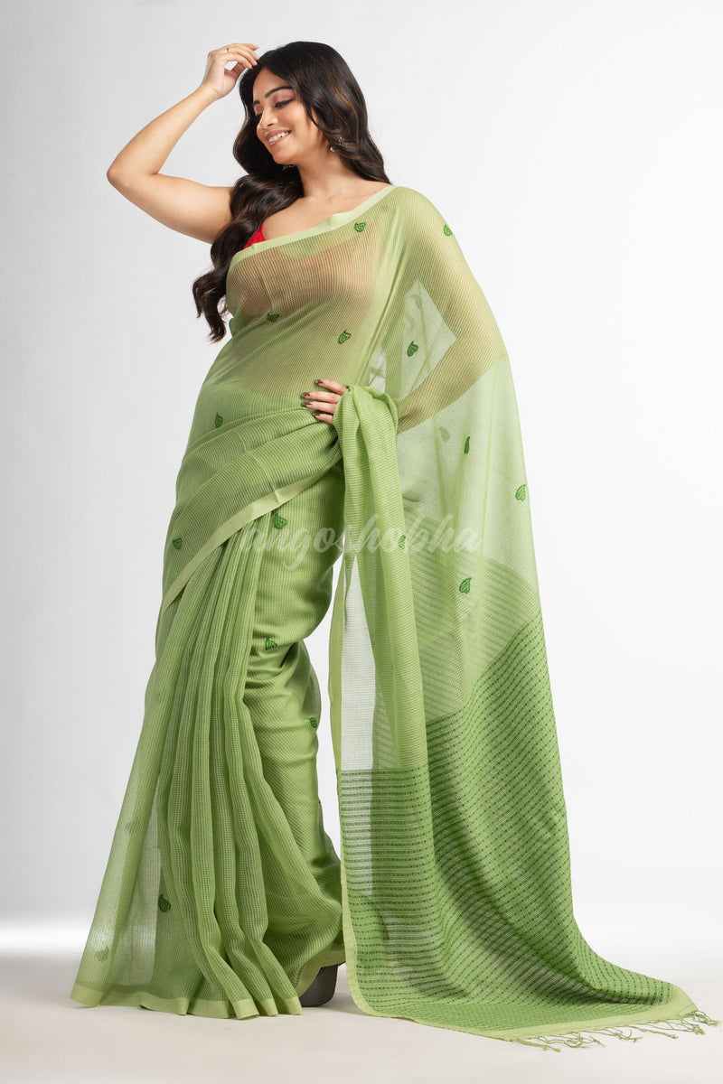 Light Green resham cotton kota check all over Buti jacquqrd Pallu handwoven saree