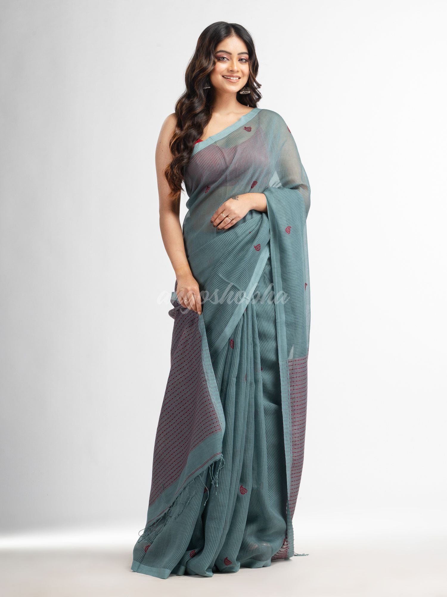 Goofy Grey resham cotton kota check all over Buti jacquqrd Pallu handwoven saree