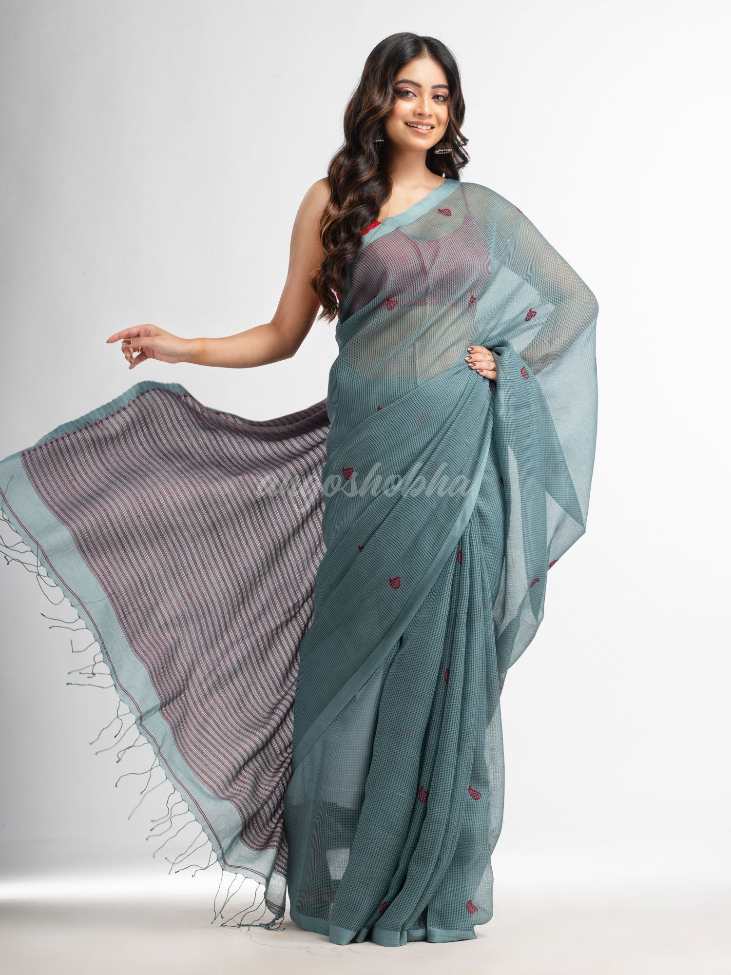 Goofy Grey resham cotton kota check all over Buti jacquqrd Pallu handwoven saree