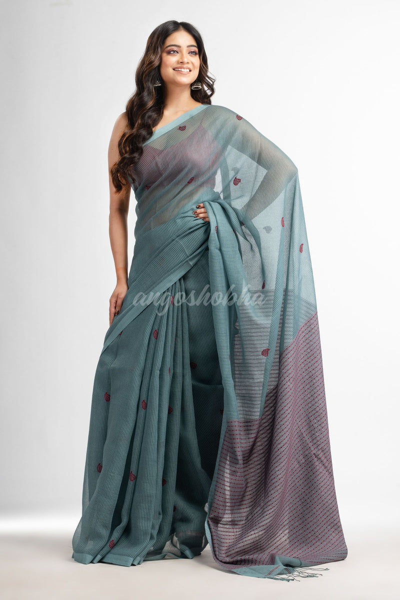 Goofy Grey resham cotton kota check all over Buti jacquqrd Pallu handwoven saree