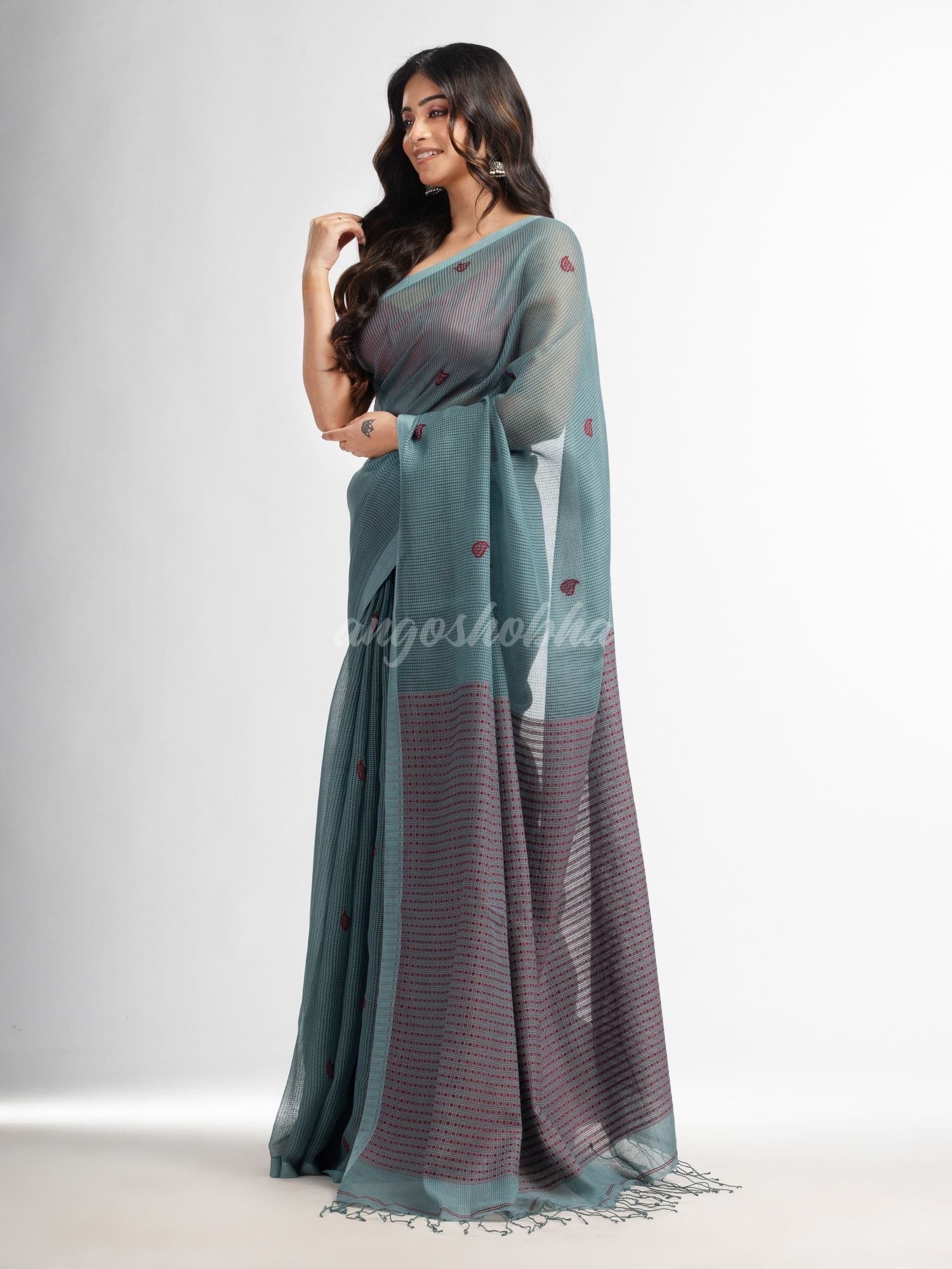 Goofy Grey resham cotton kota check all over Buti jacquqrd Pallu handwoven saree