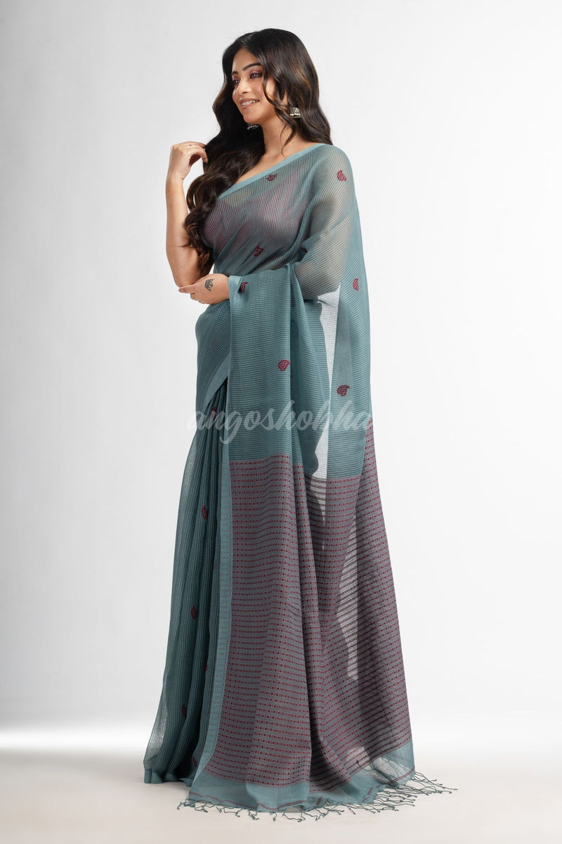 Goofy Grey resham cotton kota check all over Buti jacquqrd Pallu handwoven saree