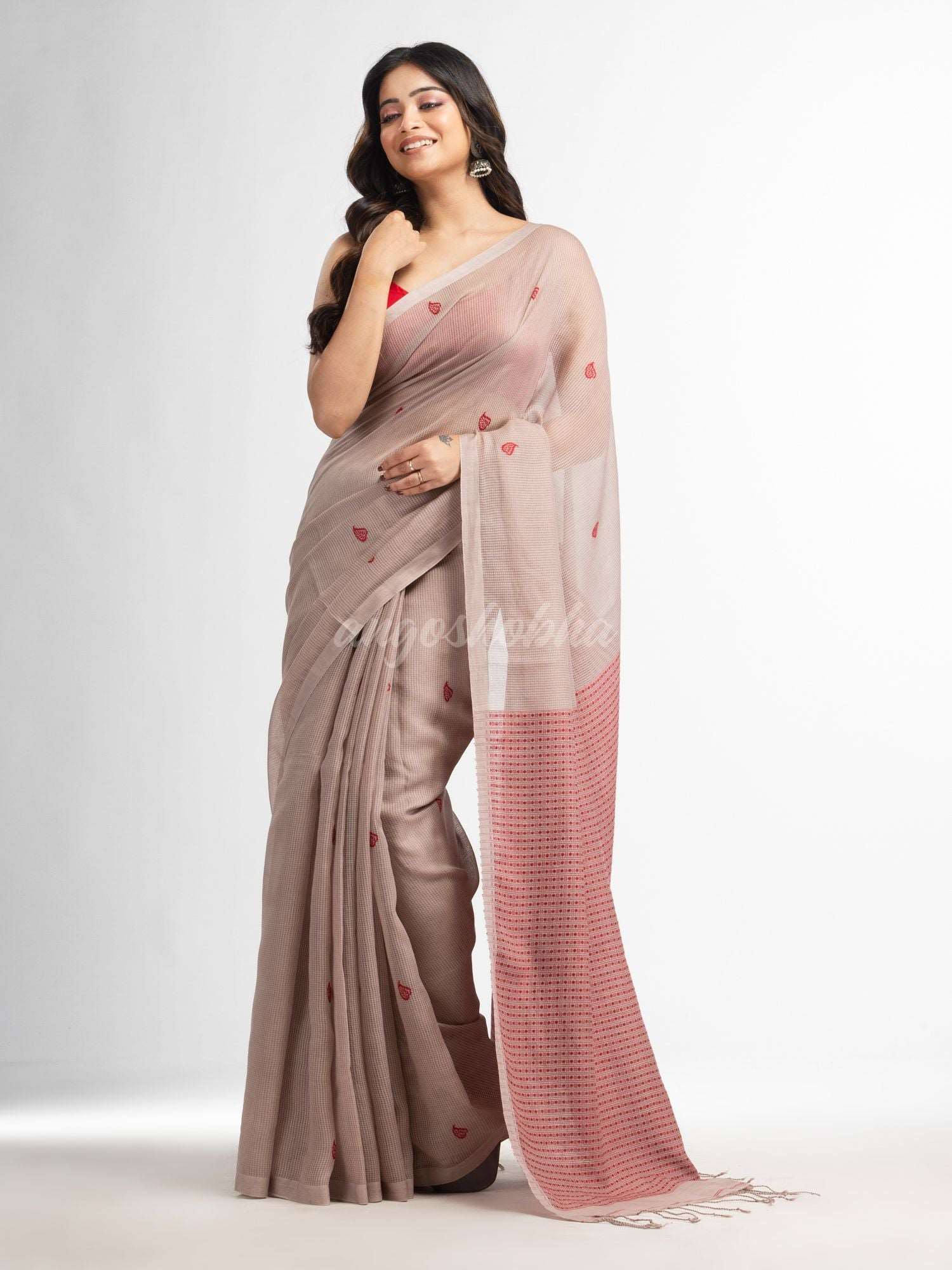 Beige resham cotton kota check all over Buti jacquqrd Pallu handwoven saree