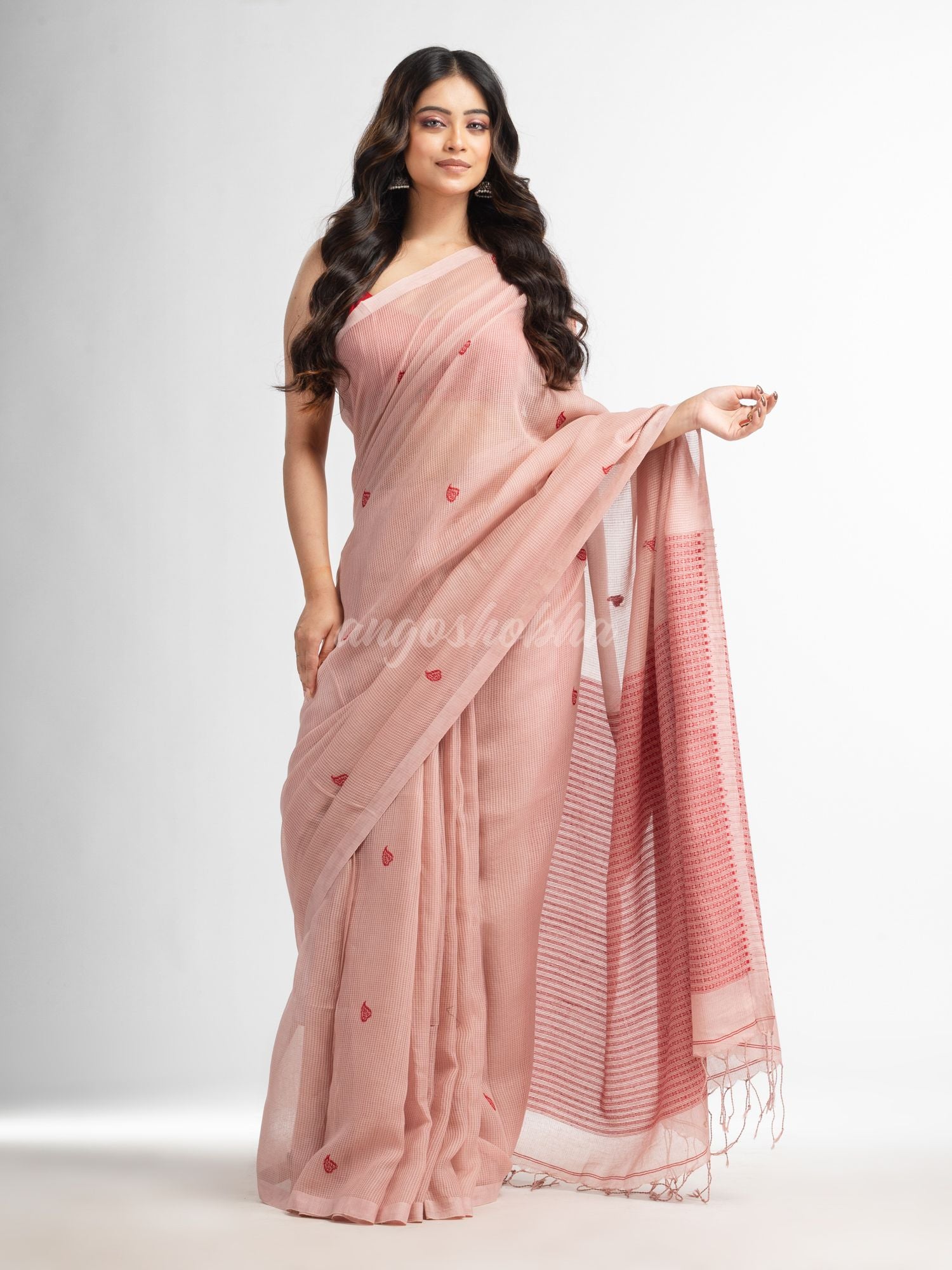 Crystal pink resham cotton kota check all over Buti jacquqrd Pallu handwoven saree
