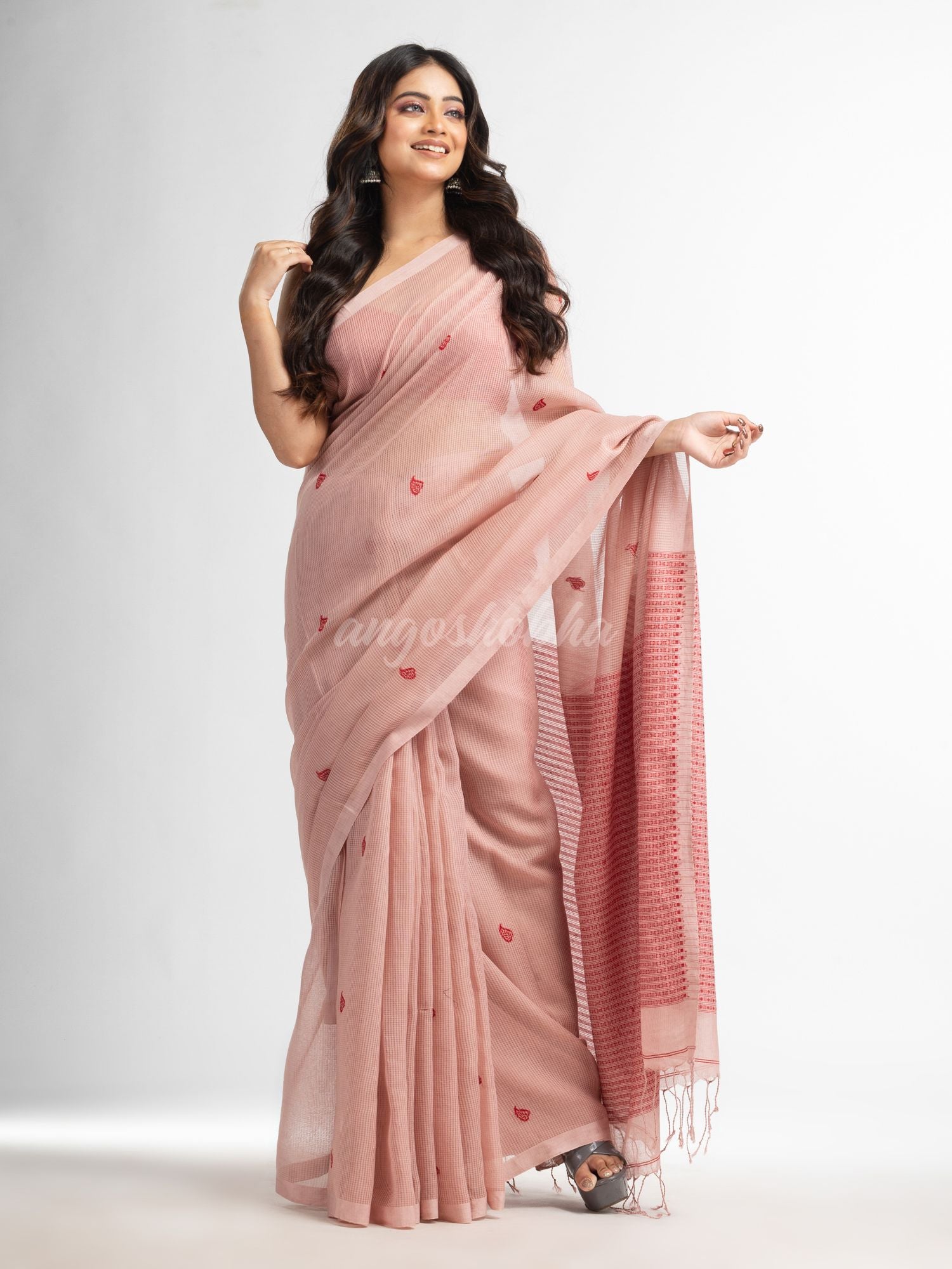 Crystal pink resham cotton kota check all over Buti jacquqrd Pallu handwoven saree