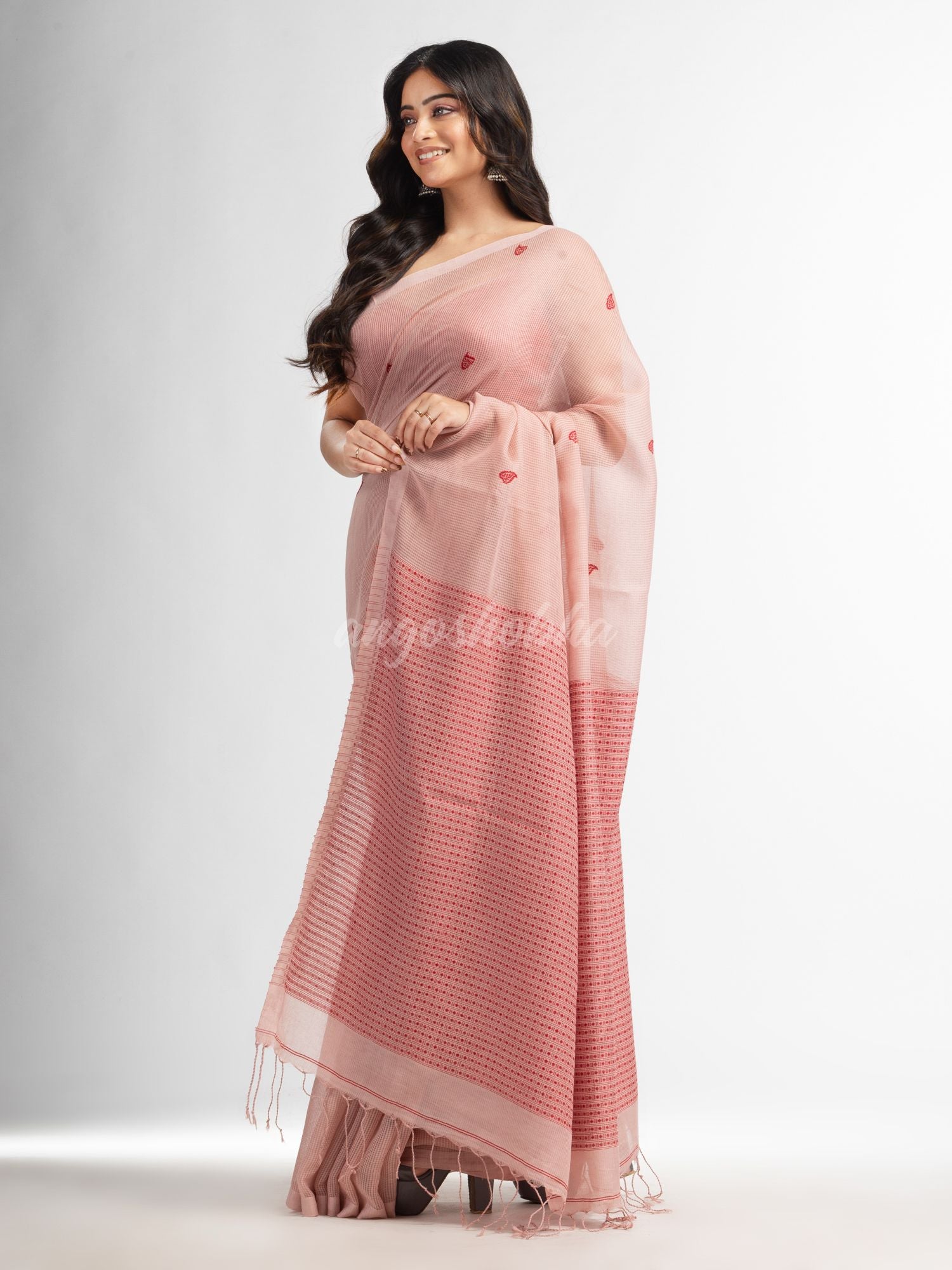 Crystal pink resham cotton kota check all over Buti jacquqrd Pallu handwoven saree